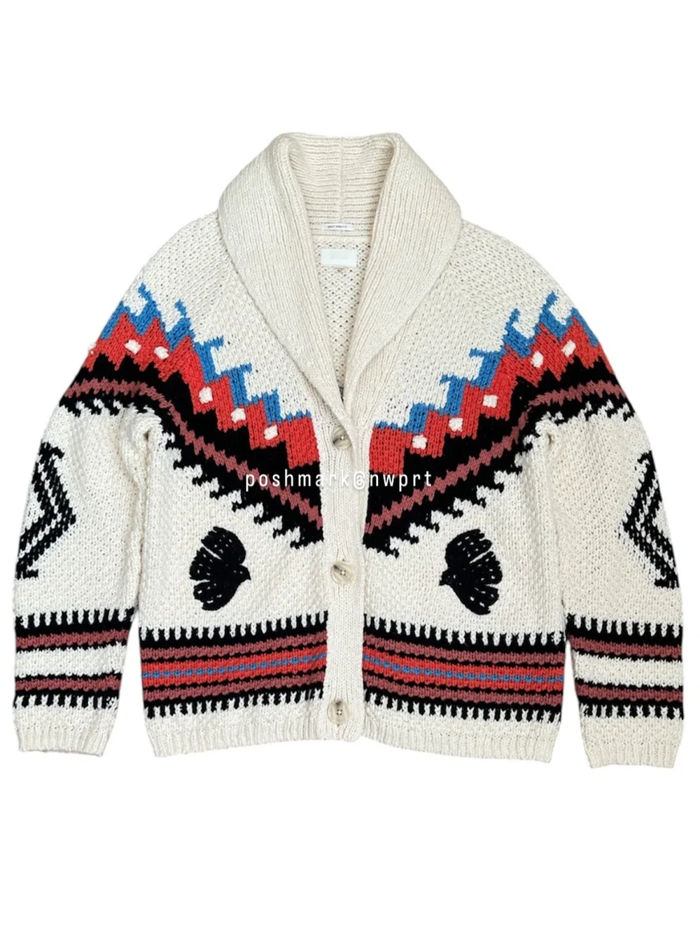 MOTHER De Gaulle Shawl Collar Cotton Knit Cardigan Sweater XS Cream White Aztec - Picture 4 of 14